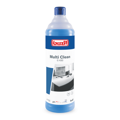 Una bottiglia blu di Buzil Multi Clean G 430 Detergente alcalino intensivo multiuso è esposta, con un'etichetta con marchio rosso e un'immagine in bianco e nero di una stanza immacolata. Questo prodotto, realizzato da BUZIL-WERK Wagner GmbH & Co. KG, è progettato come detergente intensivo per eliminare efficacemente lo sporco ostinato su superfici resistenti agli alcali. La bottiglia è fornita con un tappo blu abbinato.