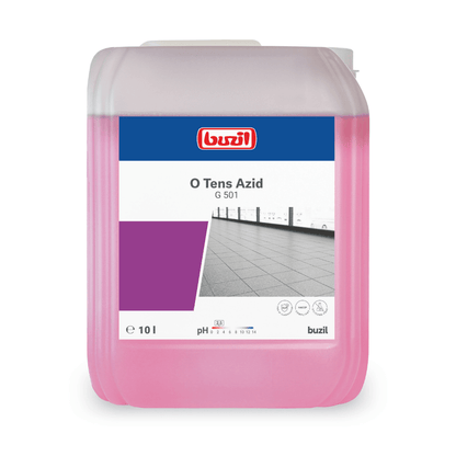 Contro i depositi di calcare aiuta un contenitore da 10 litri con Buzil O Tens Azid G 501, un detergente rosa senza tensioattivi di BUZIL-WERK Wagner GmbH & Co. KG. Sull'etichetta si vedono il logo del marchio, il nome del prodotto, il valore del pH 1 e l'immagine di un pavimento piastrellato - ideale per la cura di piastrelle in gres porcellanato impeccabili.