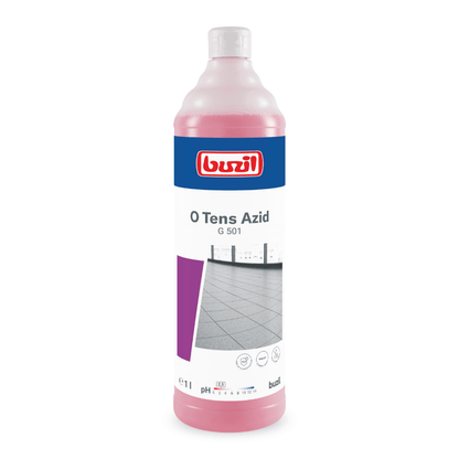 Il Buzil O Tens Azid G 501, una bottiglia da 1 litro con liquido rosa di BUZIL-WERK Wagner GmbH & Co. KG, è ideale per combattere le incrostazioni di calcare. L'etichetta mostra un pavimento piastrellato insieme a simboli che evidenziano le sue proprietà detergenti. Questo detergente a base acida è progettato appositamente per compiti di pulizia e cura efficaci su piastrelle in gres porcellanato.