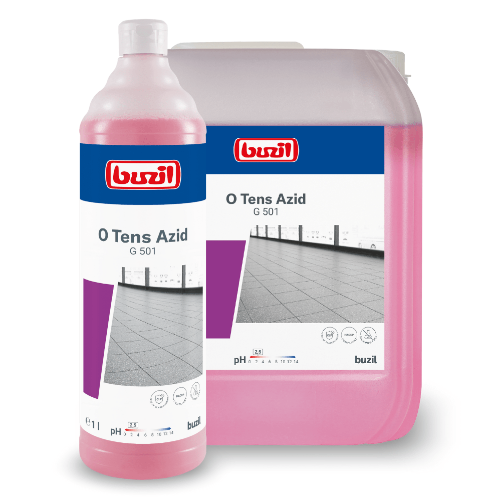 Una bottiglia grande e una piccola di Buzil O Tens Azid G 501, un detergente senza tensioattivi di BUZIL-WERK Wagner GmbH & Co. KG, con liquido rosa, sviluppato appositamente per piastrelle in gres porcellanato. Le bottiglie mostrano un'immagine di un pavimento piastrellato e contengono informazioni sul valore del pH del prodotto.