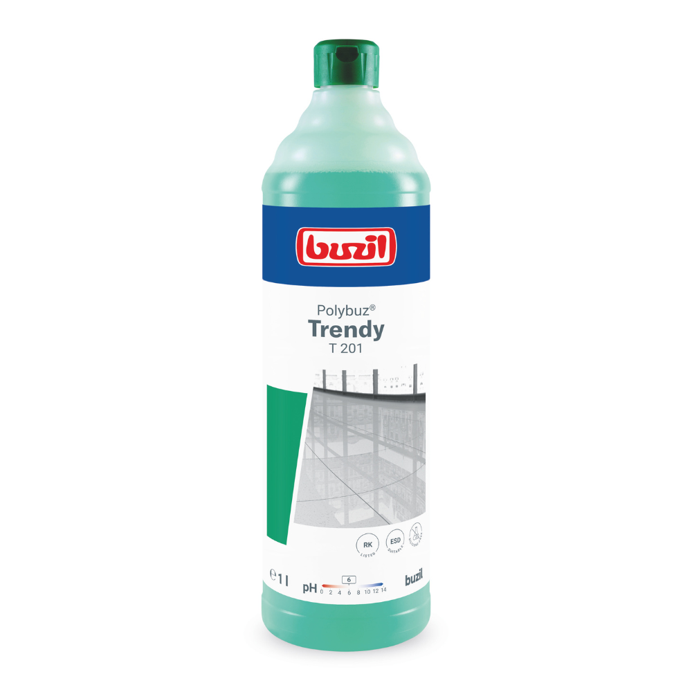 L'immagine mostra una bottiglia da 1 litro verde e bianca con la scritta "Buzil Polybuz® Trendy T 201 detergente lucido a base alcolica". L'etichetta contiene in alto un logo blu-bianco della BUZIL-WERK Wagner GmbH & Co. KG, accompagnato da una piccola immagine di scaffale oltre a testo e simboli aggiuntivi.