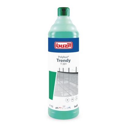 L'immagine mostra una bottiglia da 1 litro verde e bianca con la scritta "Buzil Polybuz® Trendy T 201 detergente lucido a base alcolica". L'etichetta contiene in alto un logo blu-bianco della BUZIL-WERK Wagner GmbH & Co. KG, accompagnato da una piccola immagine di scaffale oltre a testo e simboli aggiuntivi.