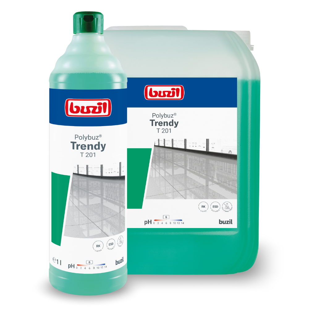 Immagine di due contenitori di Buzil Polybuz® Trendy T 201 detergente lucido a base alcolica della BUZIL-WERK Wagner GmbH & Co. KG. Il contenitore anteriore è una bottiglia da 1 litro con liquido verde e tappo nero, dietro è posizionato un contenitore più grande. Su entrambi i contenitori sono applicate etichette con il nome del prodotto e il marchio.