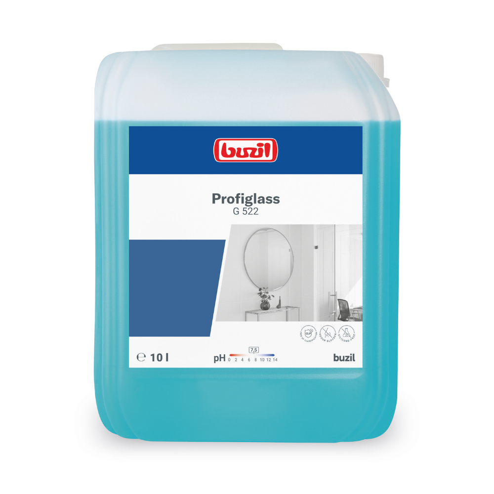 Un contenitore da 10 litri di Buzil Profiglass G 522 detergente per vetri e superfici pronto all'uso di BUZIL-WERK Wagner GmbH & Co. KG. Questo liquido blu garantisce una lucentezza senza striature ed elimina efficacemente i residui grassi. Sull'etichetta sono mostrati con orgoglio il nome del marchio, il nome del prodotto e il valore del pH, completati dall'immagine decorativa di uno specchio rotondo.