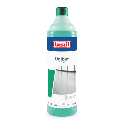 Immagine di una bottiglia verde con l'etichetta "Buzil Unibuz G 235 Cura per pavimenti a base di polimeri solubili in acqua" di BUZIL-WERK Wagner GmbH & Co. KG, che mostra un'immagine di un pavimento pulito e brillante, ottenuto con pulizia senza striature. Il tappo verde abbinato della bottiglia e la marcatura della capacità di 1 litro sono raffigurati in basso.
