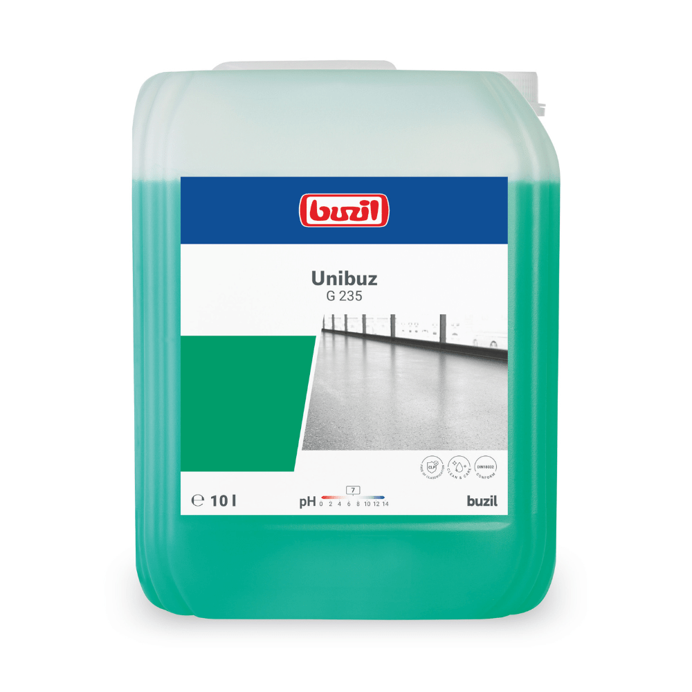 In un contenitore da 10 litri di Buzil Unibuz G 235 Cura per pavimenti a base di polimeri solubili in acqua di BUZIL-WERK Wagner GmbH & Co. KG si trova una soluzione di pulizia ecologica che promette pulizia senza striature. Sull'etichetta sono visibili il nome del prodotto, un valore di pH di 7,0, un grafico del pavimento in bianco e nero e il logo Buzil.