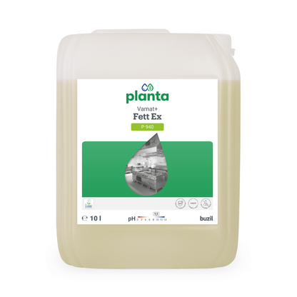 Il contenitore rettangolare del detergente per cucine e grassi da 10 litri Buzil Vamat®+ Fett Ex P 940 Detergente ecologico per cucine e grassi è dotato di un'immagine di cucina e indicazioni del valore di pH. Il potente detergente della BUZIL-WERK Wagner GmbH & Co. KG è dotato di un tappo a vite per un uso comodo.