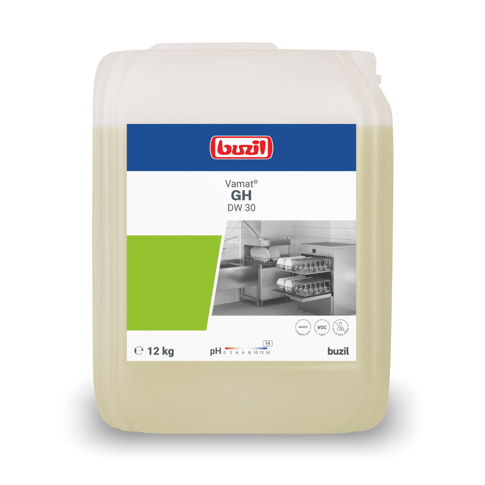 Su un contenitore bianco da 12 kg con l'etichetta "Buzil Vamat® GH DW 30 Detergente liquido per lavastoviglie, altamente alcalino" della BUZIL-WERK Wagner GmbH & Co. KG è applicata un'etichetta con un'immagine del prodotto e simboli per il valore del pH e avvertenze di sicurezza.