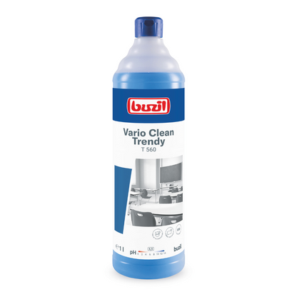 Il Buzil Vario Clean Trendy T 560 Detergente neutro delicato e per plastica della BUZIL-WERK Wagner GmbH & Co. KG è disponibile in una bottiglia blu e bianca, su cui è raffigurata un'immagine in bianco e nero di un'aula impeccabile con banchi e una lavagna. Questo detergente da un litro assicura una brillantezza senza striature, e l'indicazione del pH sulla parte anteriore garantisce un effetto facile da pulire.