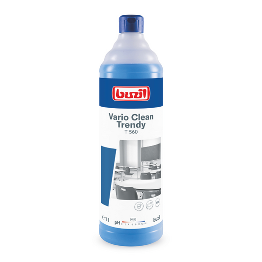 Der Buzil Vario Clean Trendy T 560 Neutraler Schon- und Kunststoffreiniger von BUZIL-WERK Wagner GmbH & Co. KG ist in einer blau-weißen Flasche erhältlich, auf der ein schwarz-weißes Bild eines makellosen Klassenzimmers mit Tischen und einer Tafel abgebildet ist. Dieser Ein-Liter-Reiniger sorgt für streifenfreien Glanz, und die pH-Angabe auf der Vorderseite sorgt für einen leicht zu reinigenden Effekt.