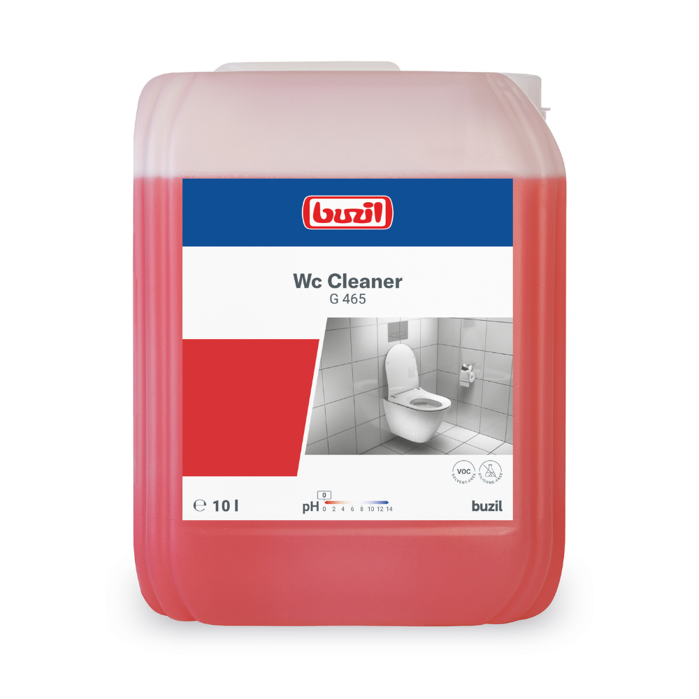 Un grande contenitore da 10 litri con Buzil WC Cleaner G 465 Detergente sanitario viscoso di BUZIL-WERK Wagner GmbH & Co. KG contiene un liquido rosso, perfetto per rimuovere calcare e incrostazioni urinarie. L'etichetta contiene il nome del prodotto, una descrizione, indicazioni sul pH e un'immagine in scala di grigi di una toilette.