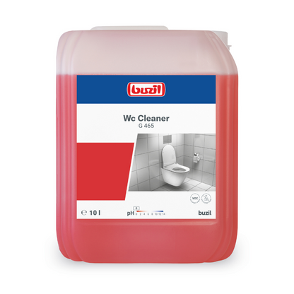Un grande contenitore da 10 litri con Buzil WC Cleaner G 465 Detergente sanitario viscoso di BUZIL-WERK Wagner GmbH & Co. KG contiene un liquido rosso, perfetto per rimuovere calcare e incrostazioni urinarie. L'etichetta contiene il nome del prodotto, una descrizione, indicazioni sul pH e un'immagine in scala di grigi di una toilette.
