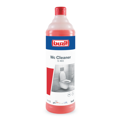 Una bottiglia di Buzil WC Cleaner G 465 Detergente sanitario viscoso, prodotta da BUZIL-WERK Wagner GmbH & Co. KG, è progettata per la rimozione efficace di calcare e incrostazioni urinarie. La bottiglia rossa ha un'etichetta blu-bianca brillante con un'immagine di toilette, il nome del marchio e il testo del prodotto ed è chiusa con un tappo rosso abbinato.