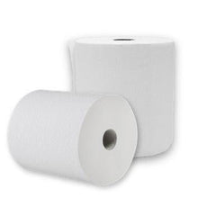 Due rotoli di asciugamani di carta CWS a 2 strati, bianco brillante non perforato sono raffigurati su sfondo bianco - uno in posizione verticale, uno in posizione orizzontale - e mostrano la loro forma cilindrica e la loro idoneità per l'asciugatura igienica delle mani.