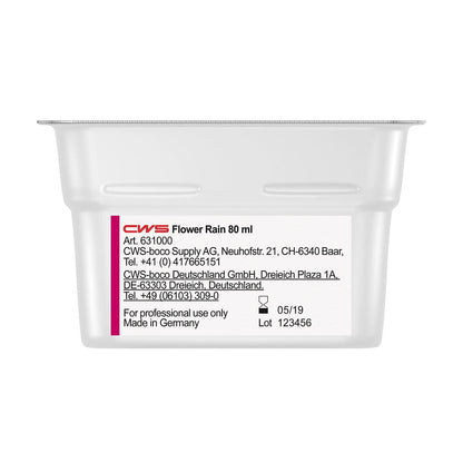 Eine rechteckige 80 ml CWS ParadiseLine Waschraumduft für Duftspender Paradise Air Bar mit der Aufschrift "CWS Flower Rain" mit Produkt-, Firmen- und Kontaktinformationen sowie einer Gebrauchsanweisung. Hergestellt in Deutschland. Gültig: 05/19. Los: 123456. Ideal als Waschraumduft.