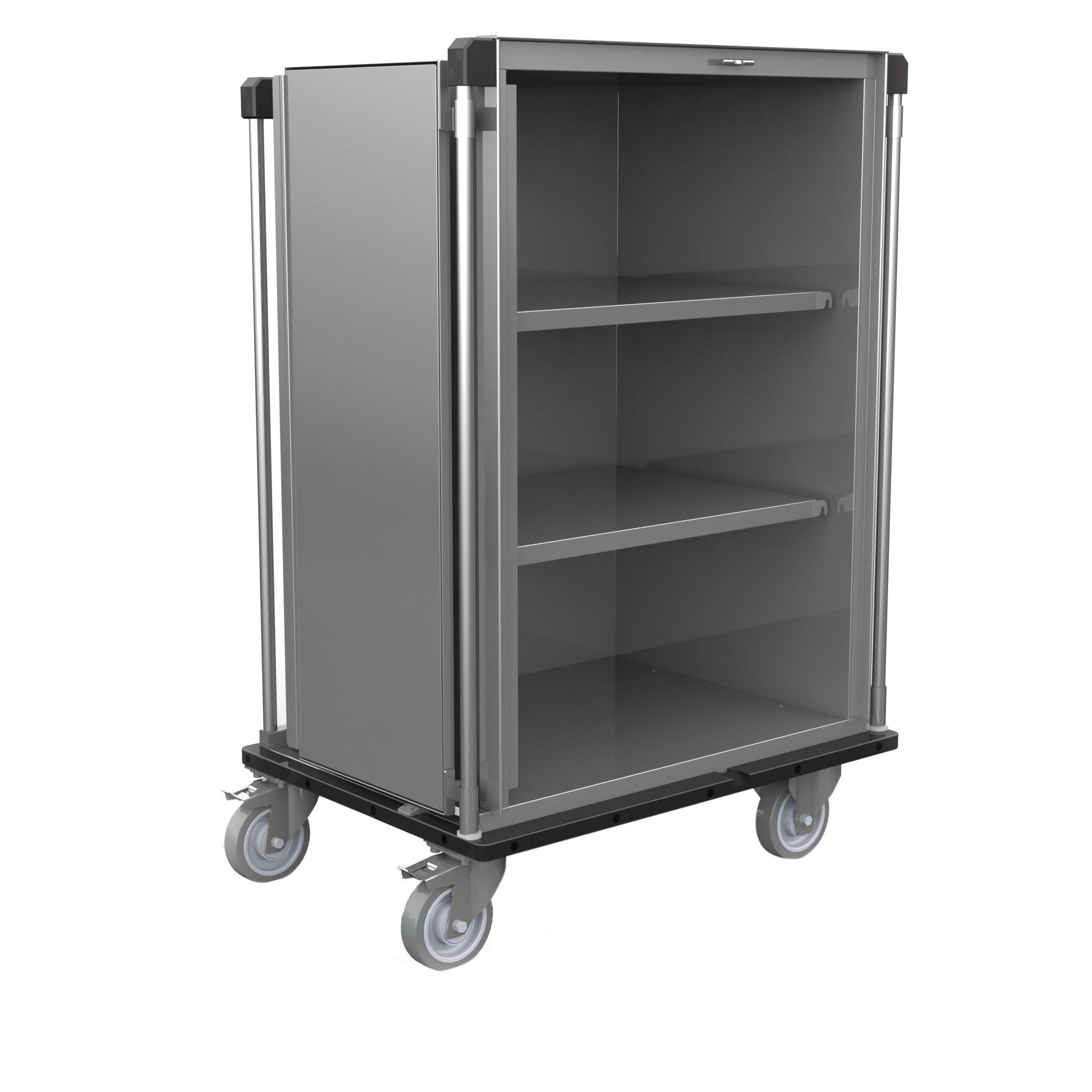 Der Novocal Sterilgut-Transportwagen verfügt über einen Korpus aus satiniertem Edelstahl, zwei Einlegeböden, vier Lenkrollen und eine offene Vorderseite für leichten Zugang. Der Hygienewagen ist weitgehend geschlossen und ideal für den Transport von Sterilgut.