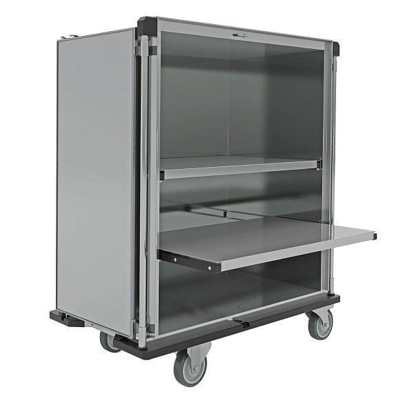 Il carrello per il trasporto di materiale sterile Novocal è un grande carrello grigio con ruote, una parte anteriore aperta, due ripiani e un ripiano in metallo estraibile in acciaio inossidabile satinato - ideale per il trasporto o lo stoccaggio di materiale sterile in strutture mediche.