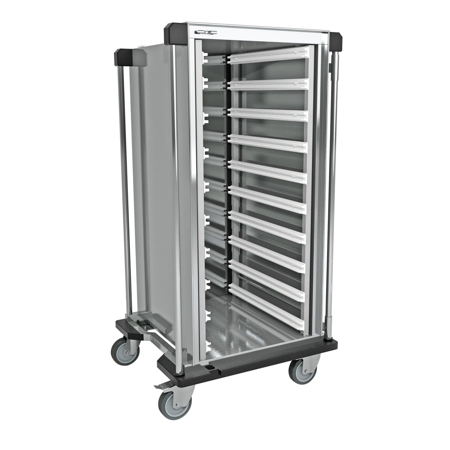 Il carrello di trasporto per sterilizzazione Novocal in acciaio inossidabile satinato dispone di diverse guide di supporto per moduli, è aperto su un lato, ha quattro ruote girevoli e maniglie su entrambi i lati - ideale per lo stoccaggio flessibile e il facile spostamento.