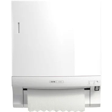 Il pannello frontale CWS per dispenser di asciugamani di carta a rotolo Paperroll è un dispositivo bianco montato a parete con rotolo di asciugamani di carta visibile e design rettangolare liscio - ideale per l'ottimizzazione dei bagni.