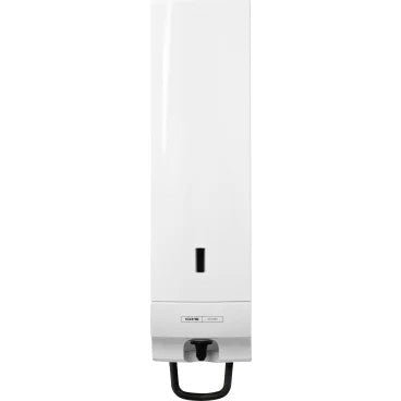 Il pannello frontale CWS per il distributore di schiuma di sapone Foam Slim Non-Touch è un pannello bianco montato a parete con una piccola finestra verticale per il livello del liquido e una leva di pressione nera nella parte inferiore.