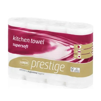 Eine Packung CWS Küchenrollen Prestige 3-lagig, Hochweiß enthält 8 Packungen weißer, superweicher und reinigungsfreundlicher Küchenrollen im kastanienbraunen und goldenen Design mit dem Branding "welcome Professional Hygiene".