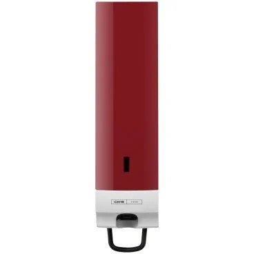 Il pannello frontale CWS per il distributore di schiuma di sapone Foam Slim Non-Touch è un distributore di schiuma di sapone rosso e bianco montato a parete con una leva di pressione visibile nella parte inferiore per un'estrazione facile.