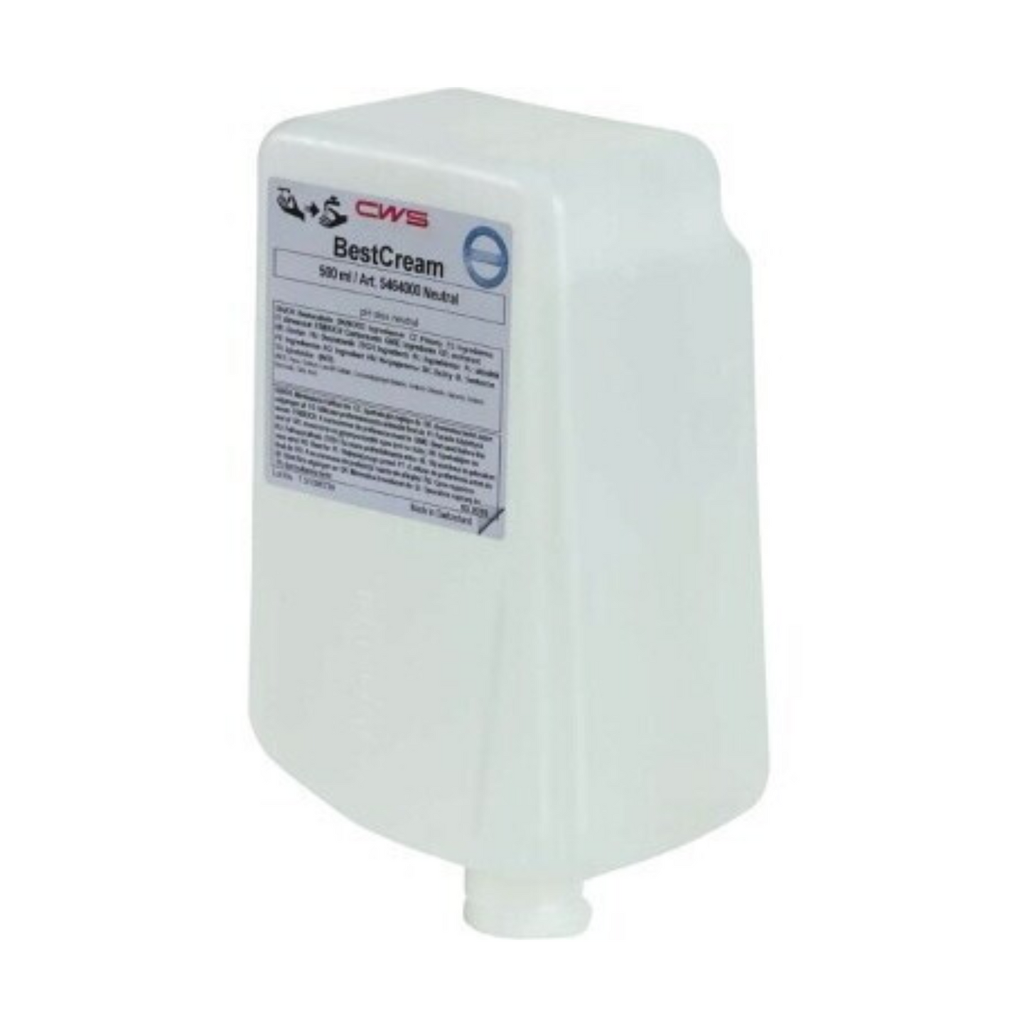 Un contenitore bianco con crema di sapone CWS BestCream Neutral 1000 ml ricarica sapone con un'etichetta sul davanti. Il contenitore sembra contenere 500 ml di prodotto. L'etichetta contiene testo e loghi, con il nome del prodotto "BestCream Neutral 1000 ml ricarica sapone" chiaramente visibile. Questa crema biodegradabile ha anche un profumo neutro per un'esperienza piacevole.