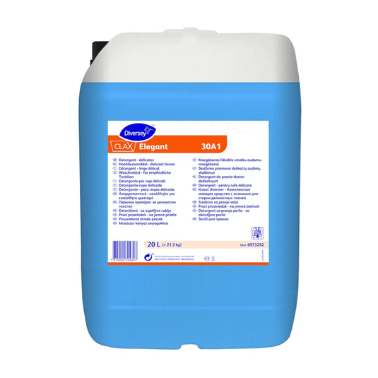 Il contenitore blu e bianco con la scritta «Clax Elegant 30A1» della Diversey Deutschland GmbH & Co. OHG è un detersivo liquido enzimatico destinato alle lavanderie industriali, adatto ai tessuti delicati. Il contenitore da 20 litri riporta informazioni dettagliate sul prodotto, istruzioni per l’uso e un codice a barre sul fondo.