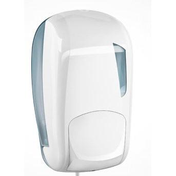 Il distributore Soft Care di Diversey Deutschland GmbH & Co. OHG è un distributore di plastica bianco montato a parete per disinfettanti o sapone liquido, con una parete laterale trasparente e una grande superficie di pressione per un facile utilizzo.