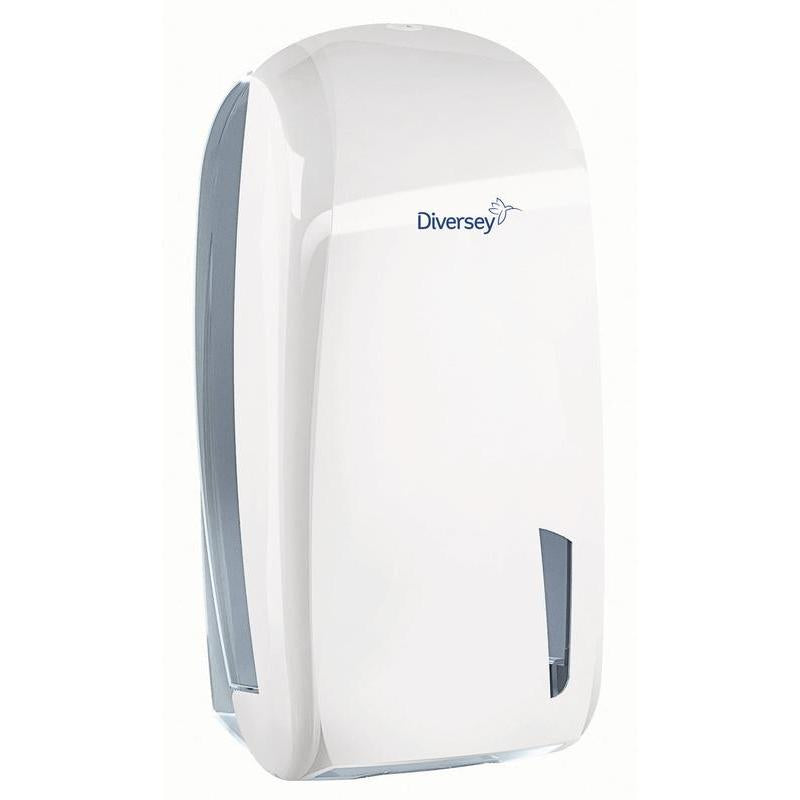 Der Diversey Einzelblatt-Toilettenpapierhalter aus weißem/transparentem Kunststoff (328 x 165 x 135 mm) für Einzelblätter verfügt über ein Sichtfenster und sorgt hygienisch für Toilettenpapier in öffentlichen Sanitärbereichen. Passend für Papier 7523655.