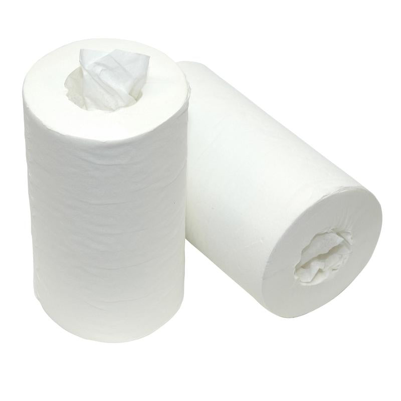 Due rotoli di panni Mini a 1 strato bianco (20 cm x 150 m) di Diversey Deutschland GmbH & Co. OHG sono raffigurati su sfondo bianco - uno in piedi con un foglio, uno sdraiato - ideali per la pulizia efficace.