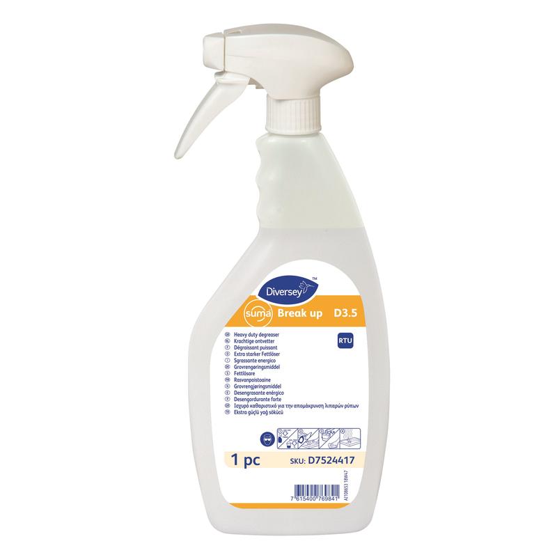 Un set di bottiglie Diversey Deutschland GmbH & Co. OHG Suma Break-up D3.5 J-Flex, bottiglia di ricarica (1 pezzo) con testina spray bianca, etichetta beige/bianca e accenti blu/gialli con informazioni sul prodotto e istruzioni.