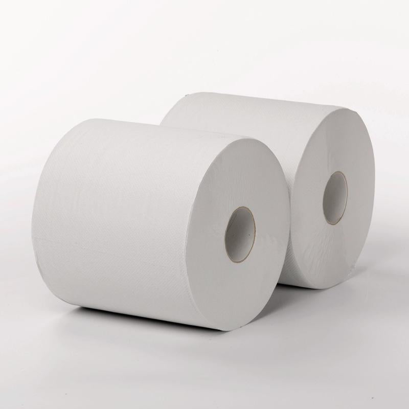 Due rotoli di panni Maxi a 2 strati bianchi 555m di Diversey Deutschland GmbH & Co. OHG con 1460 fogli ciascuno (38 x 25 cm) sono affiancati su una semplice superficie bianca con sfondo bianco.