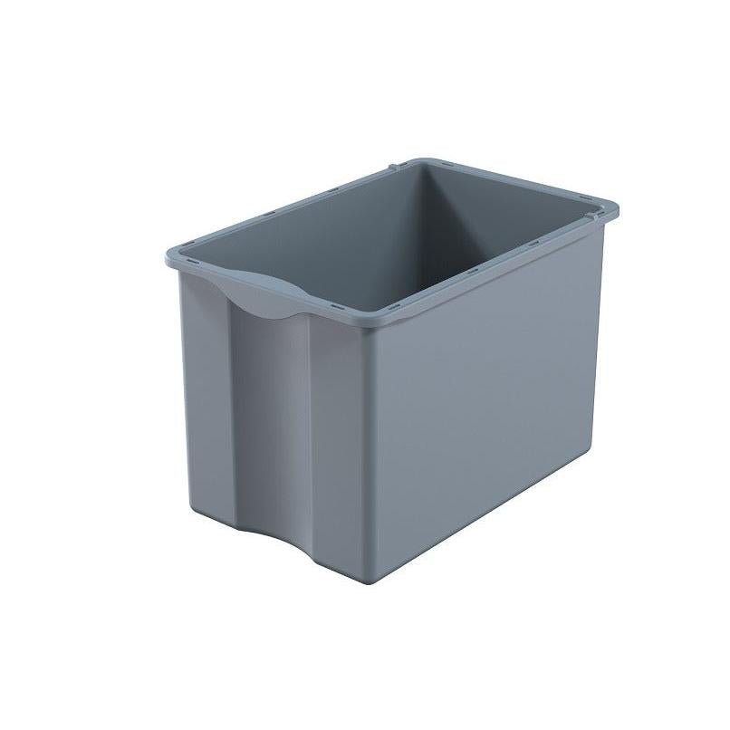 Un cassetto grigio rettangolare da 40L Di Protect di Diversey Deutschland GmbH & Co. OHG per il carrello TASKI Protect è raffigurato vuoto su uno sfondo bianco.