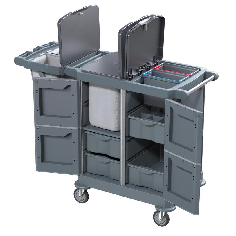 Il DI PROTECT TROLLEY GROSS di Diversey Deutschland GmbH & Co. OHG è un grande carrello chiuso (1 pezzo) con diversi ripiani, due contenitori con coperchio, una parte centrale per sacchi e quattro ruote per una mobilità sicura durante le pulizie quotidiane.