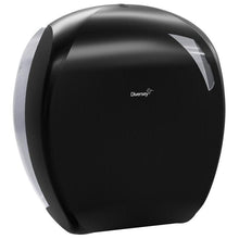 Der Toilettenpapier-Jumborollenhalter Maxi von Diversey Deutschland GmbH & Co. OHG ist ein schwarzer Spender mit transparenter rechter Seite und Logo in der Mitte - ideal für gewerbliche Sanitärbereiche. Abgebildet vor weißem Hintergrund.