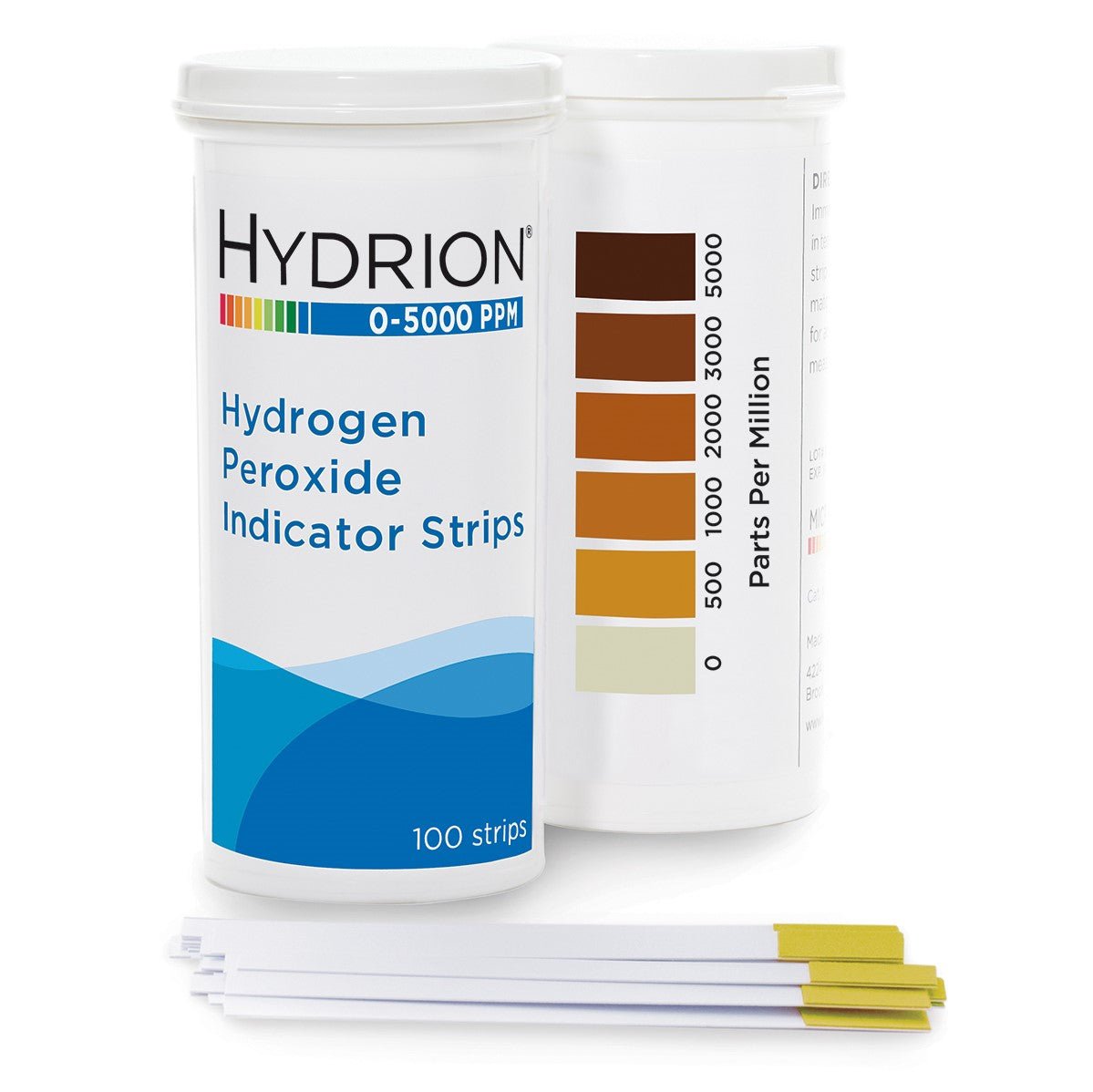 Due contenitori cilindrici di strisce reattive AHP della Diversey Deutschland GmbH & Co. OHG mostrano un'etichetta e una carta dei colori da 0 a 5000 ppm. Davanti ci sono diverse strisce indicatrici, ideali per testare la soluzione Oxivir (scatola con 6 confezioni).