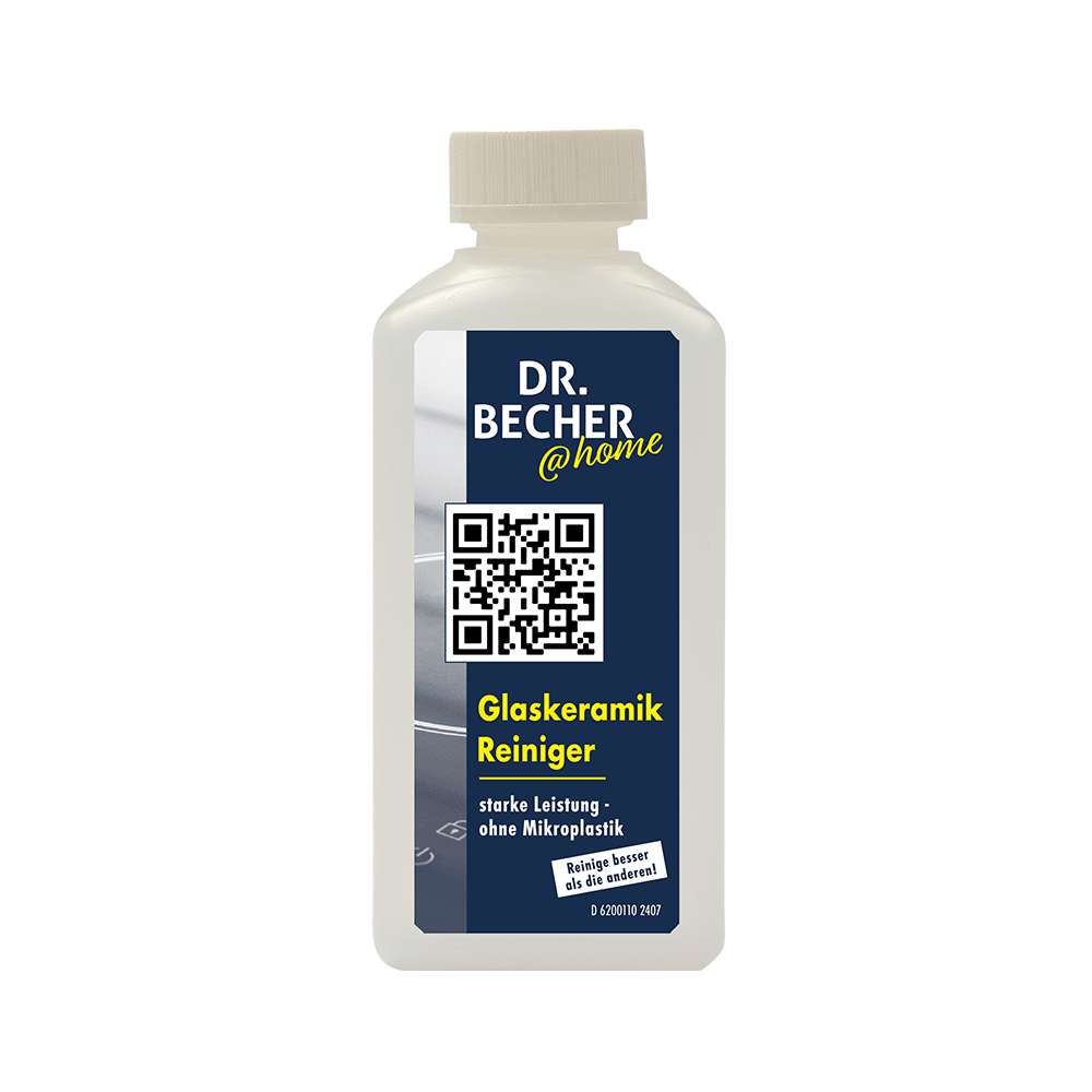 Una bottiglia da 250 ml di DR.BECHER @home detergente per vetroceramica CERAN della Dr. Becher GmbH, con etichetta blu e codice QR. Il detergente è potente, efficace e privo di microplastiche per piani cottura CERAN.