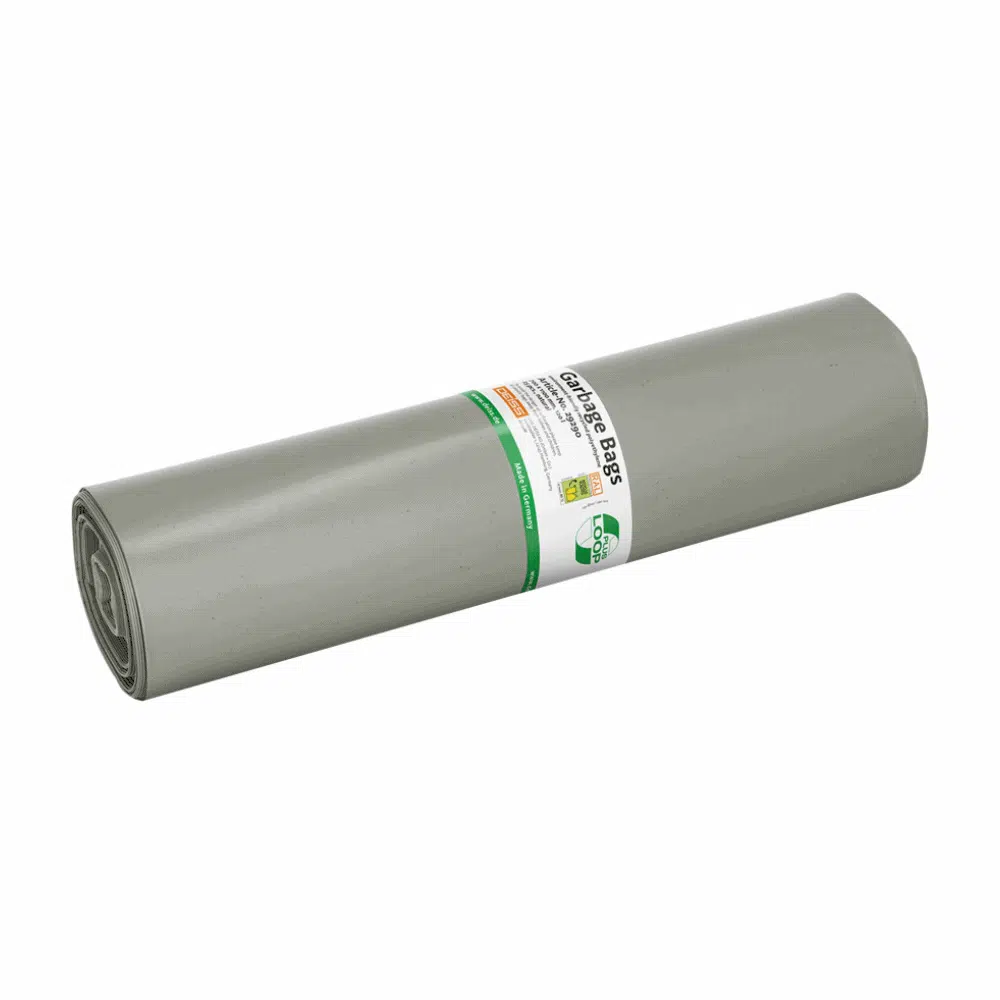 I sacchi per rifiuti DEISS LOOP PLUS 29290, un telo di plastica grigio da 120 litri del marchio EMIL DEISS KG (GmbH + Co.), sono dotati di testi e simboli con marcature verdi e nere evidenti. Il telo cilindrico è realizzato con materiale riciclato e rispetta i principi dell'economia circolare, rendendolo versatile nell'uso.