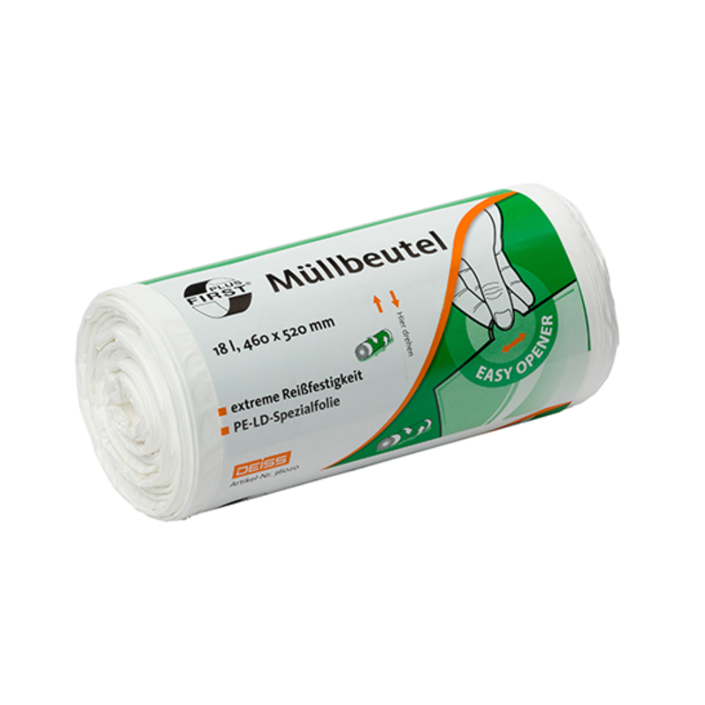 Un pacchetto arrotolato di sacchetti della spazzatura bianchi con un'etichetta verde e bianca con testo tedesco. L'etichetta evidenzia caratteristiche come "estremamente resistente allo strappo" (resistente alla perforazione e allo strappo) e "Easy Opener". Questo è il sacchetto della spazzatura DEISS First Plus® da 18 litri, realizzato in LDPE Premium, con dimensioni di 460 x 520 mm, di EMIL DEISS KG (GmbH + Co.).