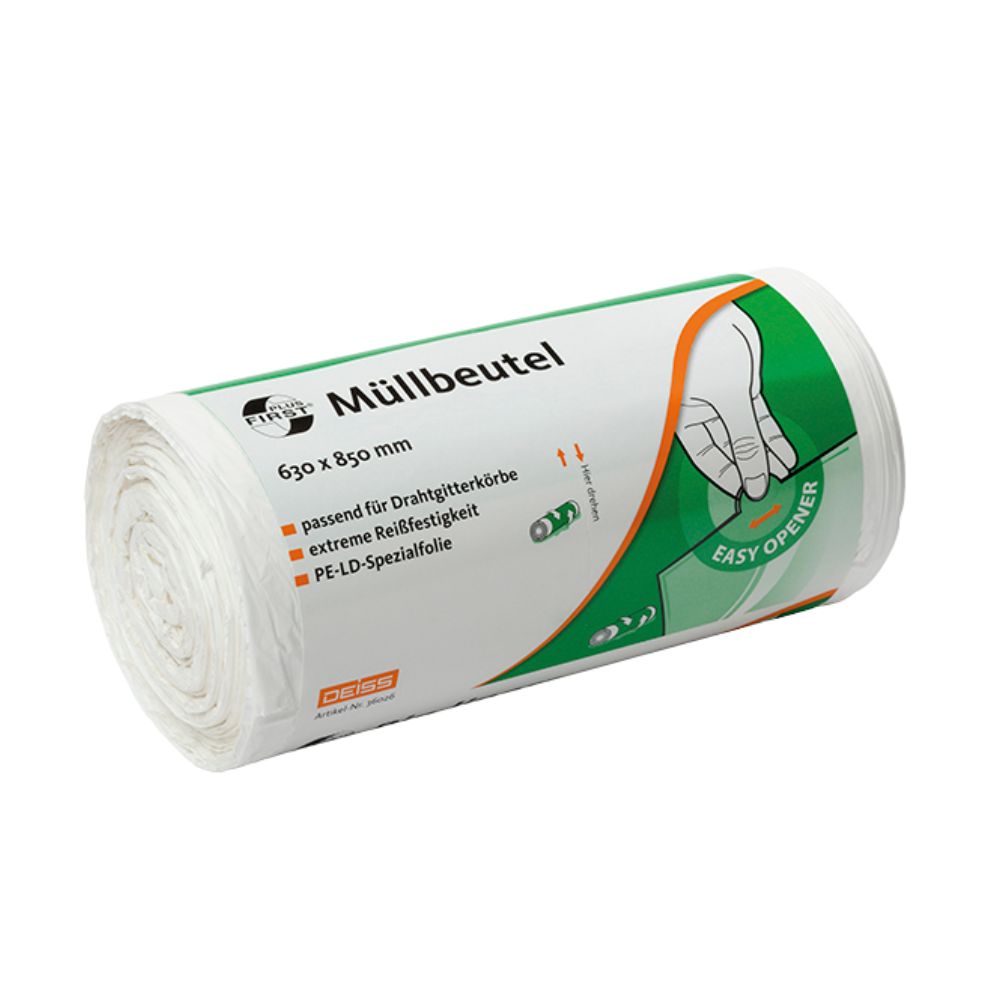 Eine Rolle 80-Liter DEISS First Plus® Müllsäcke, hergestellt von EMIL DEISS KG (GmbH + Co.), mit grün-orangefarbener Etikettierung. Die Premium-LDPE-Verpackung hat die Maße 630 x 850 mm und hebt Eigenschaften wie „extreme Reißfestigkeit“ und „leichtes Öffnen“ hervor.