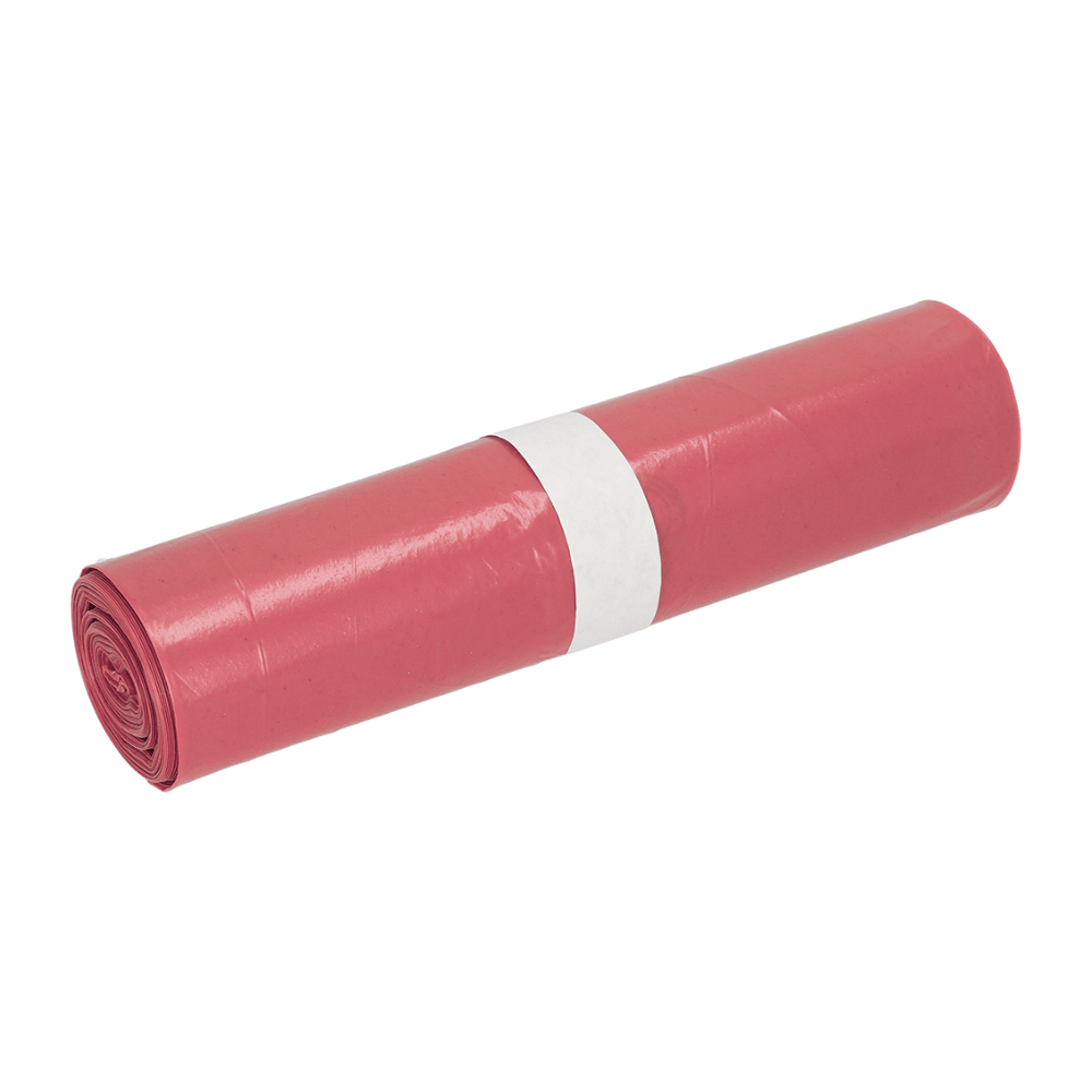 Un rotolo di sacchi della spazzatura DEISS in LDPE, 21770, 70 litri, tipo 60 rosso con una fascetta di carta bianca al centro, realizzato in LDPE riciclato da EMIL DEISS KG (GmbH + Co.), è posizionato su uno sfondo bianco semplice.
