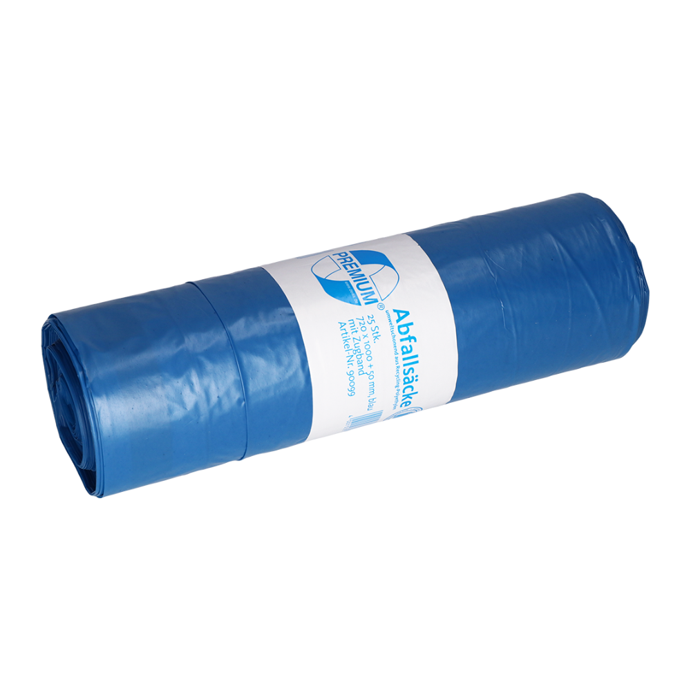 Un sacco della spazzatura DEISS PREMIUM® Tipo 80 arrotolato con coulisse della EMIL DEISS KG (GmbH + Co.) realizzato in materiale riciclato, dotato di un'etichetta bianca con testo e grafica che mette in risalto la sua impressionante resistenza alla perforazione e allo strappo.