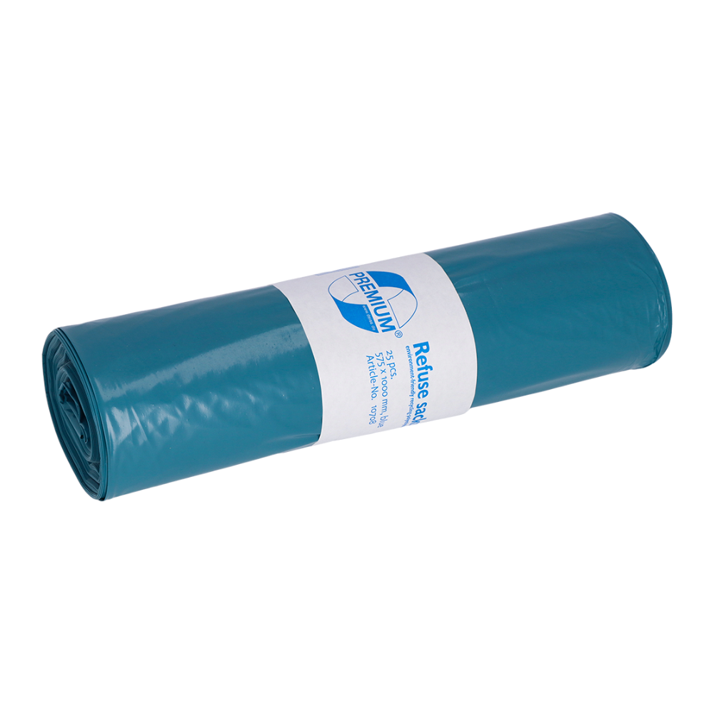 Su uno sfondo bianco semplice riposa un rotolo di sacchi per rifiuti blu DEISS Premium in LDPE della EMIL DEISS KG (GmbH + Co.), con un'etichetta bianca che mostra il logo e sottolinea la qualità superiore del prodotto.