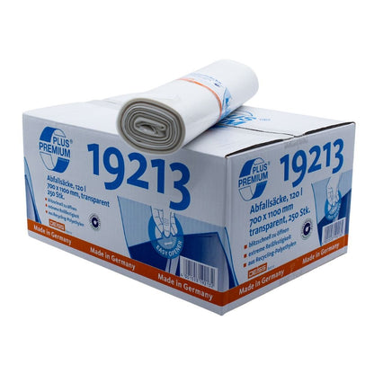 L'immagine mostra una scatola con la scritta „DEISS Premium Plus® 120 Litri Sacchi per rifiuti Tipo 60 19213“ di EMIL DEISS KG (GmbH + Co.), che contiene sacchi per rifiuti trasparenti con dimensioni di 700 x 1100 mm e una capacità di 120 litri. Questi sacchi, prodotti in Germania con materiali riciclati, sottolineano la sostenibilità, con il rotolo parzialmente visibile in alto.