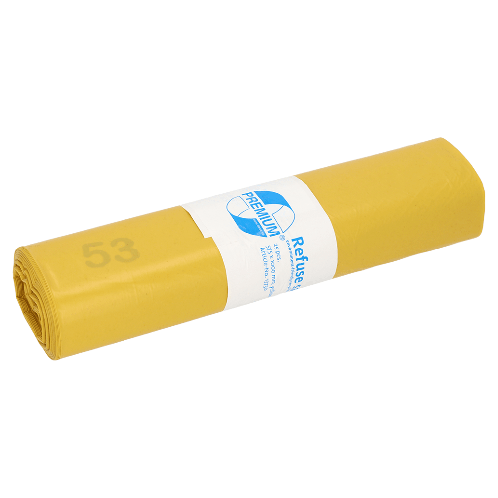 Un sacco per rifiuti giallo della linea DEISS Premium 13730, noto per la sua alta resistenza allo strappo, presenta una fascetta bianca con logo blu e la parola "Premium". Sulla superficie esterna è stampato il numero 53, che sottolinea l'alta qualità del riciclaggio del materiale. Il prodotto della EMIL DEISS KG (GmbH + Co.) viene fornito in rotoli di 25 sacchi ciascuno, ha dimensioni di 575x1000 mm, è realizzato in LDPE e ha una capacità di 70 litri.