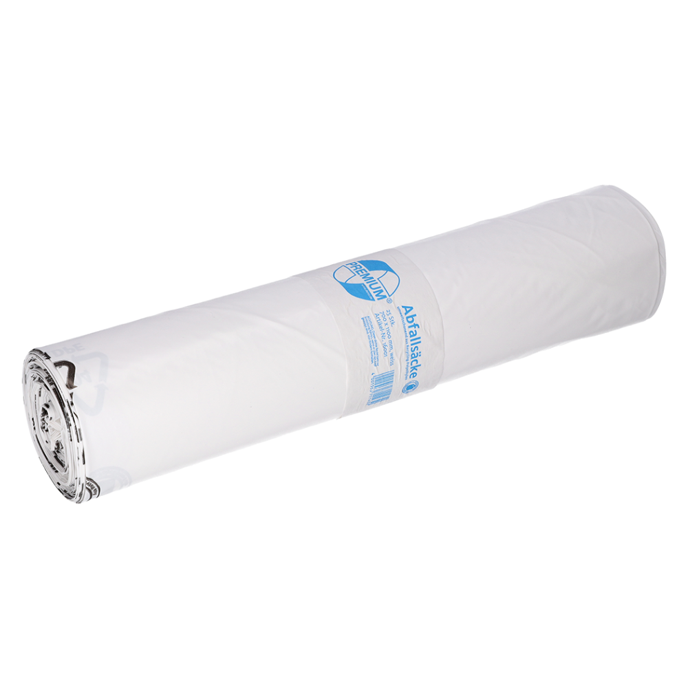 Un sacco di plastica bianco arrotolato di EMIL DEISS KG (GmbH + Co.) con un'etichetta blu che mostra il modello DEISS 16001 - 700x1100 mm Tipo 60. L'etichetta evidenzia con orgoglio la sua capacità di 120 litri e sottolinea l'impegno del marchio per l'uso di materiali riciclati. Ogni rotolo contiene 25 pezzi.