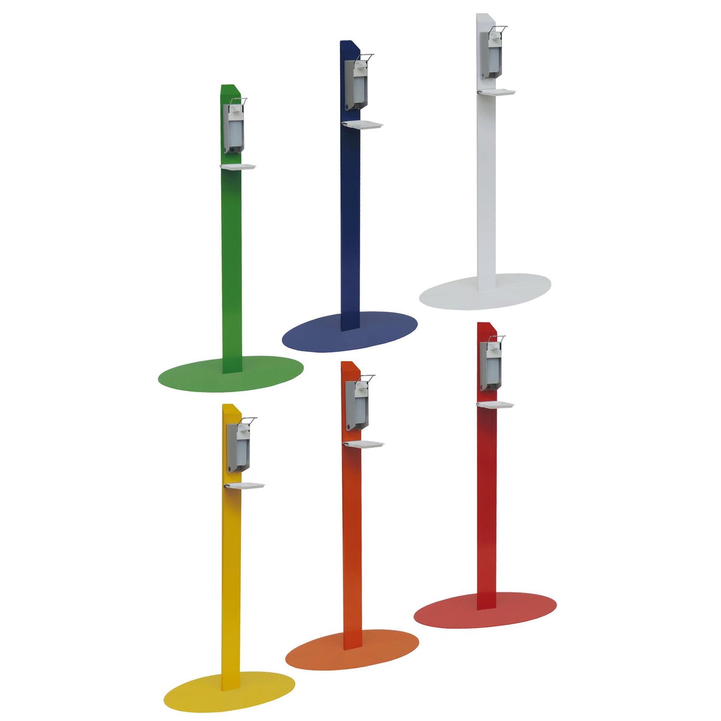 Sei unità modello da pavimento di centri di disinfezione Novocal colorati - ciascuna con un dispenser di disinfettante per le mani su un supporto verniciato a polvere nera e un piccolo ripiano - sono state fornite nei colori verde, blu, bianco, giallo, arancione e rosso.