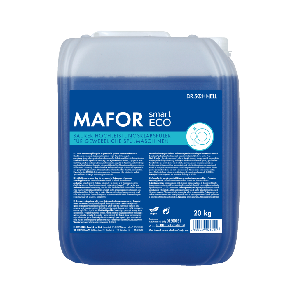 Ein 20 kg-Gebinde Dr. Schnell MAFOR smart ECO der DR.SCHNELL GmbH & Co. KGaA, einem umweltfreundlichen blauen Klarspüler für gewerbliche Geschirrspüler, ist auf dem blauen Etikett mit Produktinformationen und Hinweisen in deutscher Sprache versehen.