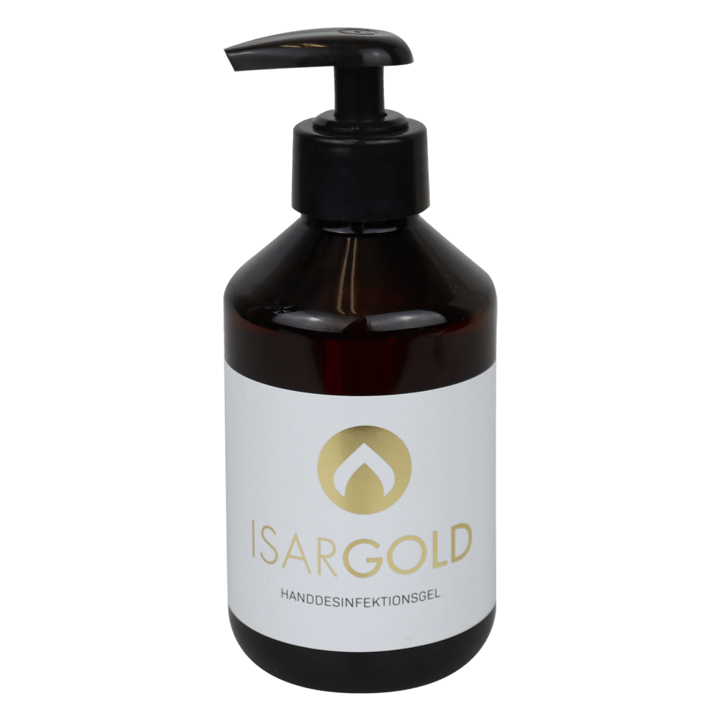 Nell'immagine è raffigurato un flacone con pompa ambrato da 250 ml di Dr. Schnell ISARGOLD Gel disinfettante per mani, alcolico, con agenti idratanti (di DR.SCHNELL GmbH & Co. KGaA) con un logo oro-bianco sull'etichetta su sfondo bianco.